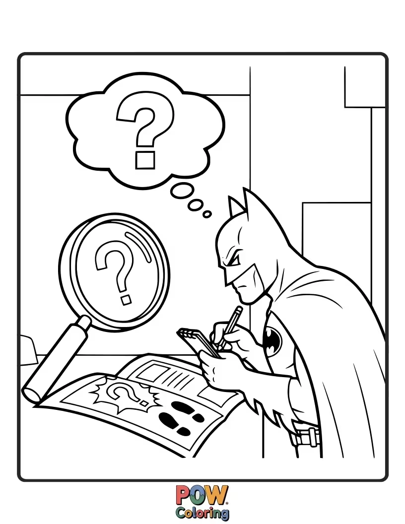 Free coloring page of Batman examining clues at a dimly lit crime scene with a magnifying glass.
