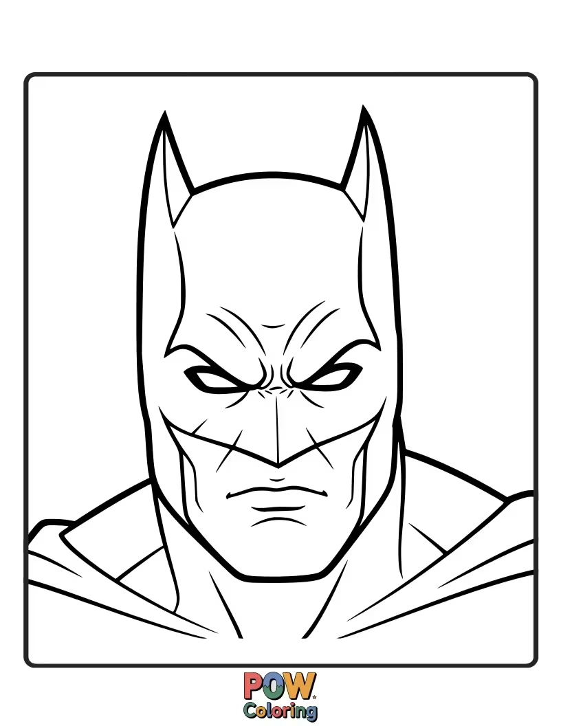 Free coloring page of A dramatic close-up of Batman's determined, masked face, ready for anything.