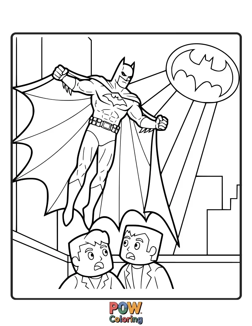 Free coloring page of Batman making a dramatic entrance through a window, startling criminals.