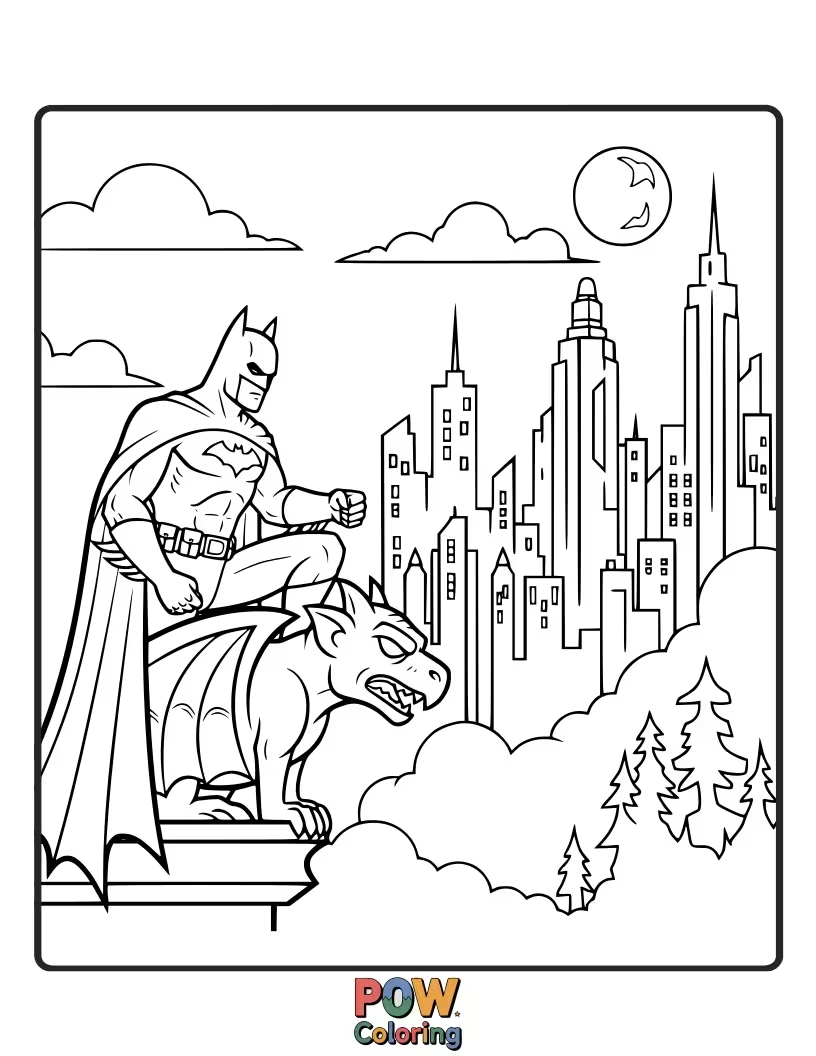 Free coloring page of Batman perched atop a gothic gargoyle, surveying the dark city below.