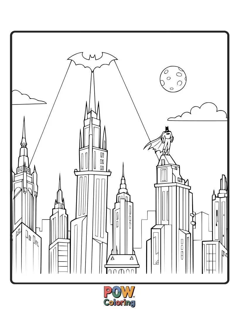 Free coloring page of A detailed illustration of Gotham City's iconic skyline, with Batman a small figure.