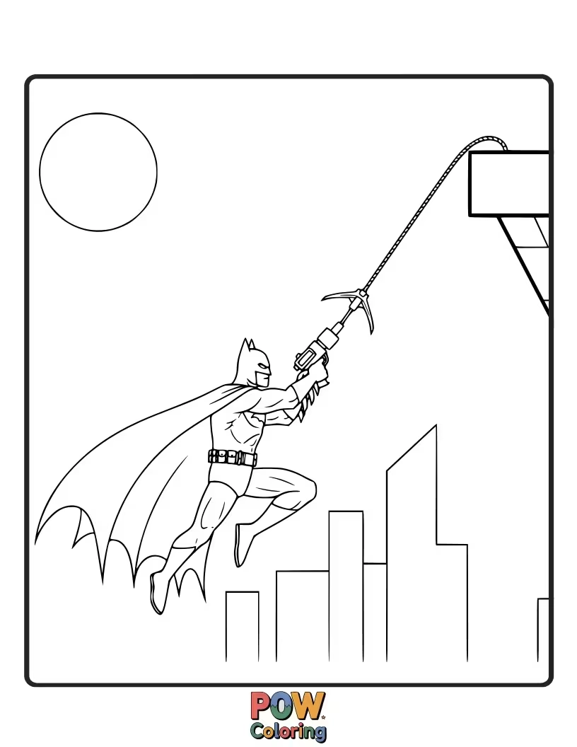 Free coloring page of Batman dynamically swinging through the city using his grappling hook.