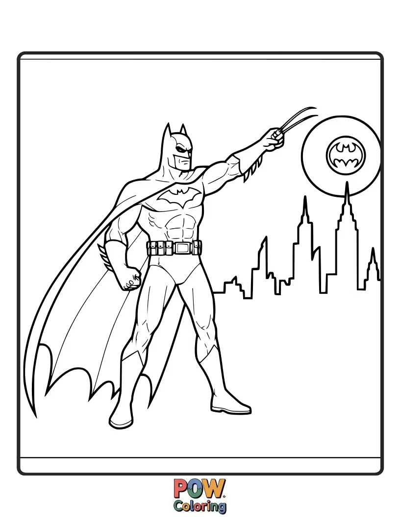 Free coloring page of A powerful and heroic pose of Batman, standing tall against evil.