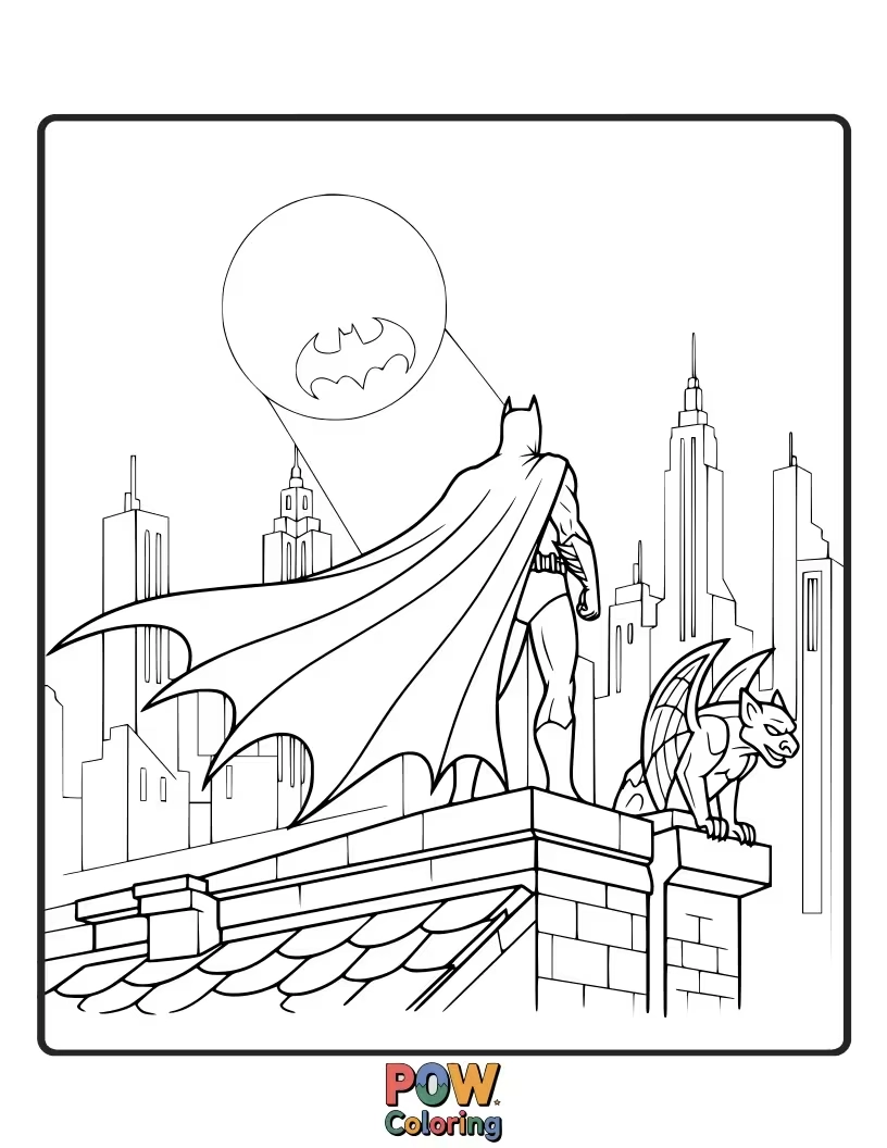 Free coloring page of A powerful silhouette of Batman overlooking Gotham City from a gargoyle-adorned rooftop.