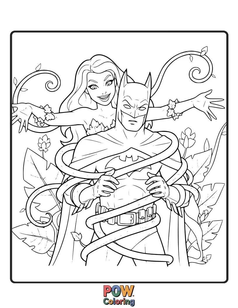 Free coloring page of Batman entangled in the deadly vines of Poison Ivy in a lush, overgrown garden.