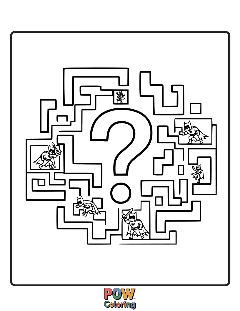 Free coloring page of Batman deciphering a complex riddle left by the Riddler, with question marks galore.