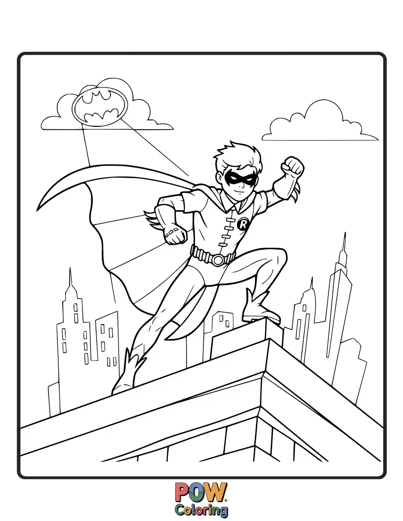 Free coloring page of Batman teaming up with his trusty sidekick, Robin, ready for action.