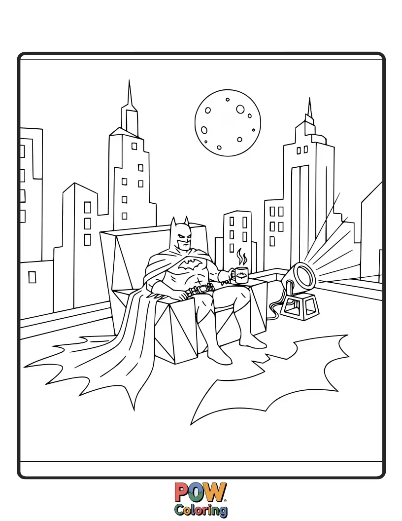 Free coloring page of Batman surveying the city from a peaceful rooftop after a long night.
