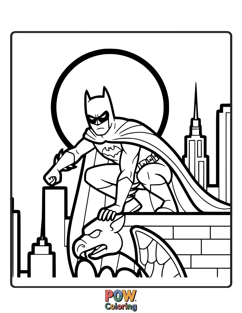 Free coloring page of Batman as a silent predator, blending seamlessly into the night.