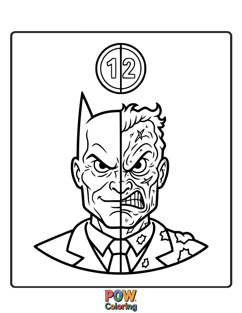 Free coloring page of Batman facing the coin-flipping villain, Two-Face, highlighting his fractured appearance.