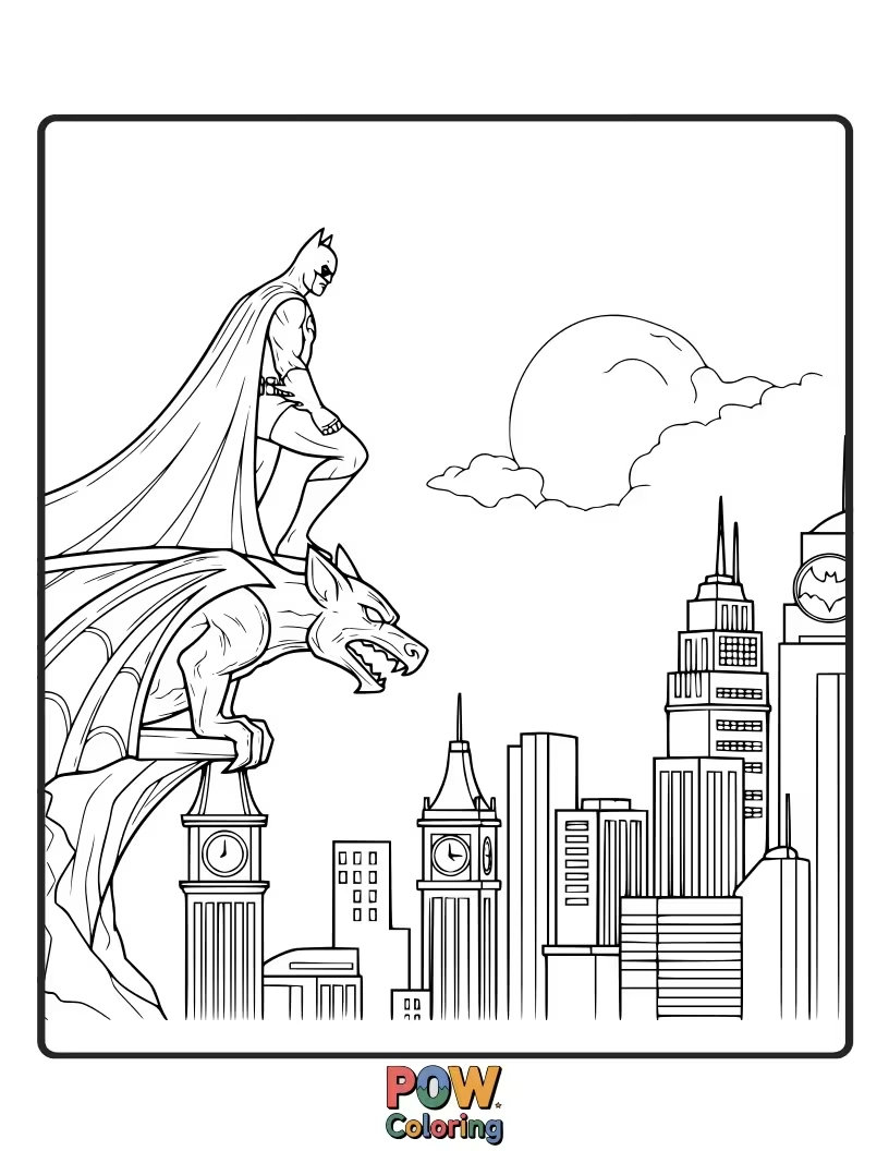 Free coloring page of Batman standing guard at a dark intersection, a silent protector.