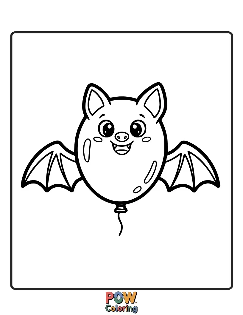 Free coloring page of A playful bat is tangled in a bunch of colorful balloons, looking adorably confused.