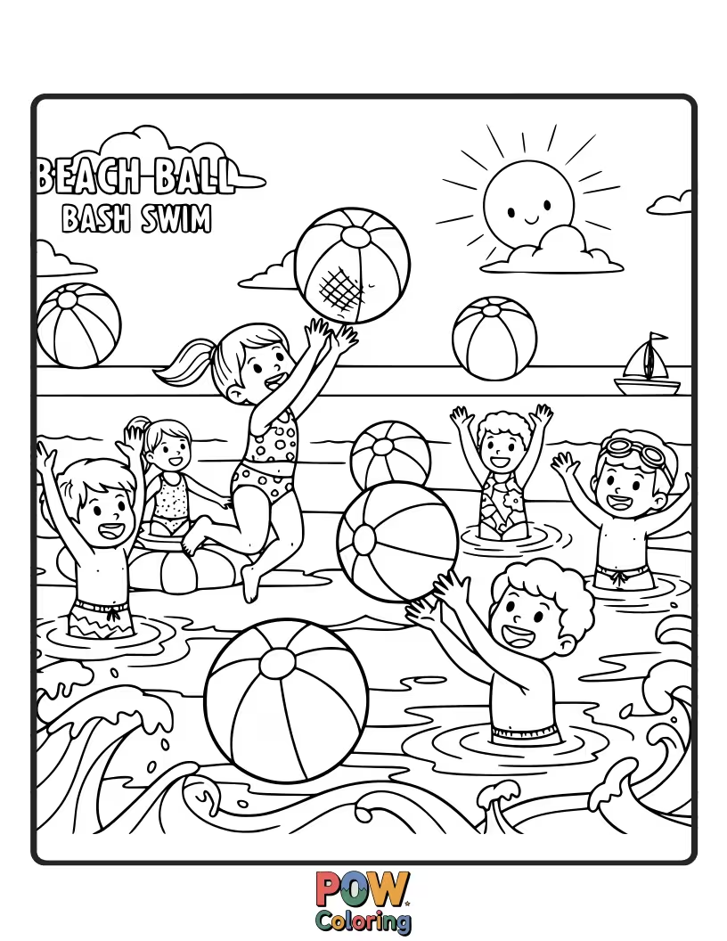 Free coloring page of A group of happy kids enthusiastically play with colorful beach balls while swimming in a sparkling ocean.