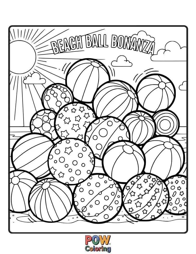 Free coloring page of A vibrant collection of different sized and patterned beach balls scattered happily across the golden sand.