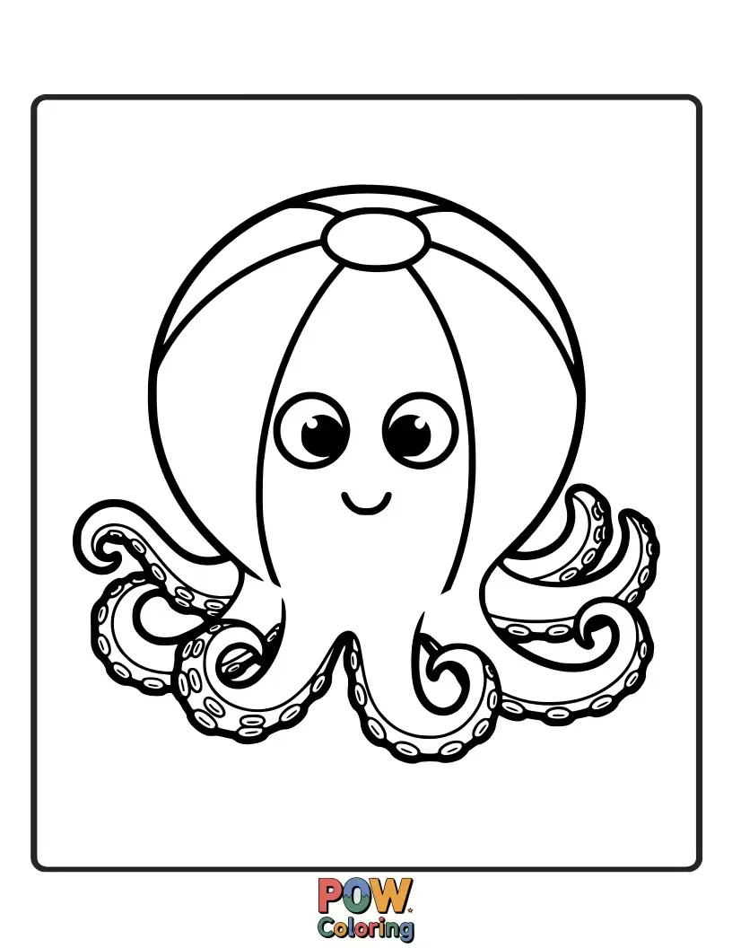 Free coloring page of A cheerful octopus juggling several colorful beach balls with its tentacles near the sparkling ocean water.