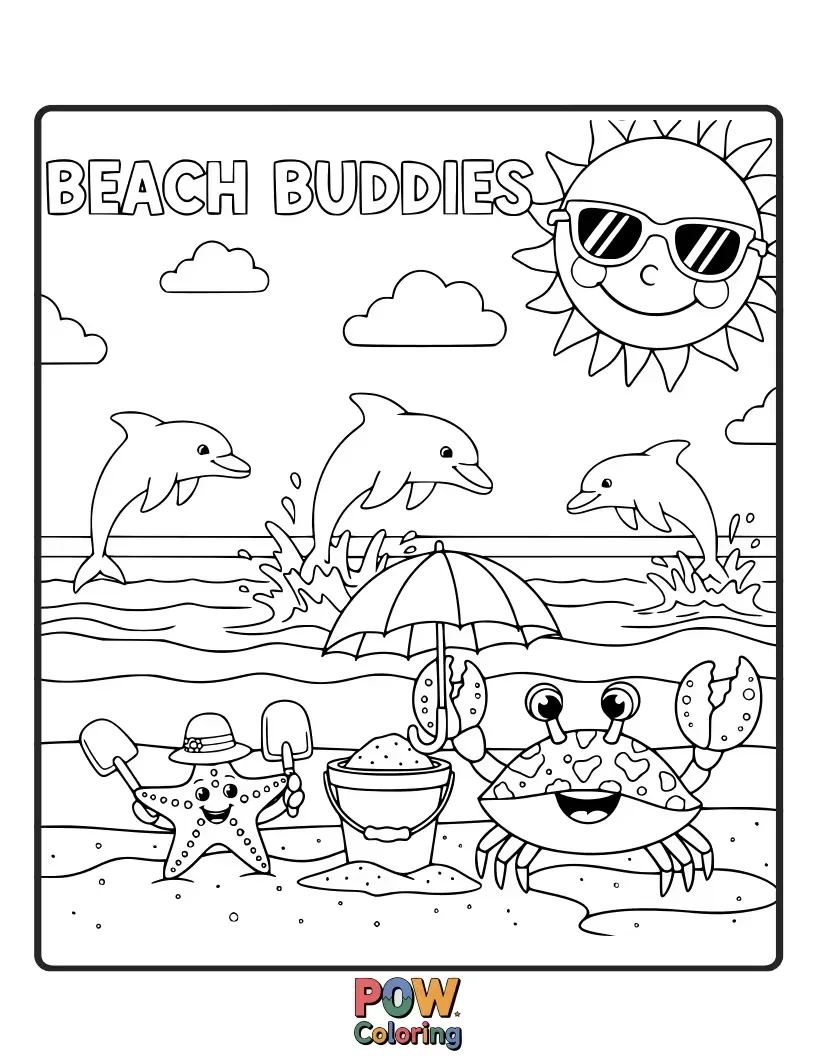 Free coloring page of Two adorable sea creatures, a smiling starfish and a cheerful crab, having a fun day playing in the gentle ocean waves.