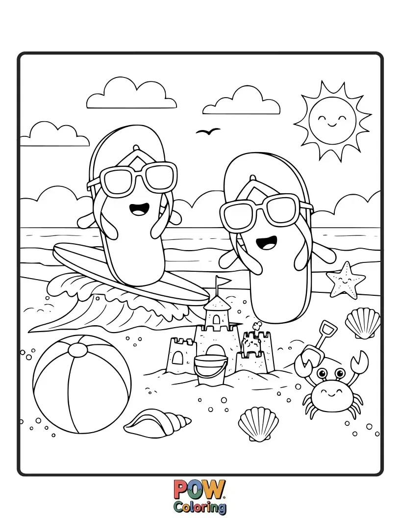 Free coloring page of A pair of colorful flip-flops with playful patterns, ready for a fun adventure on the sandy beach.