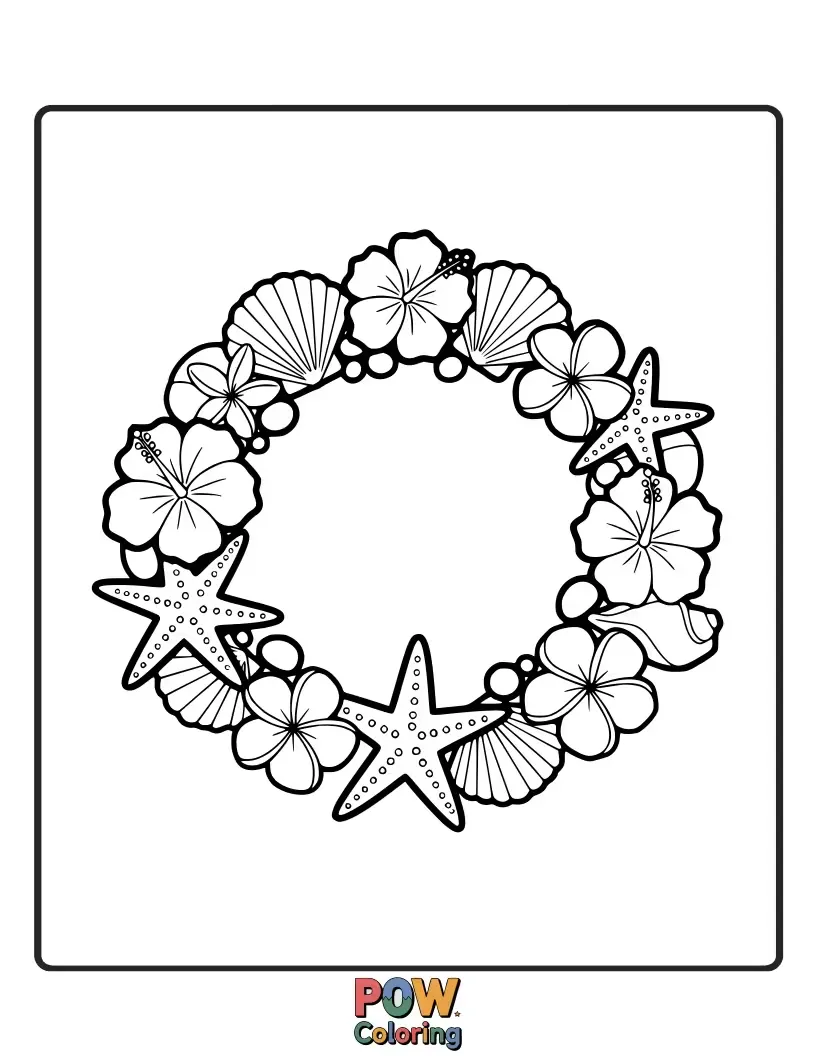 Free coloring page of A beautiful delicate crown made of colorful seashells and vibrant beach flowers.