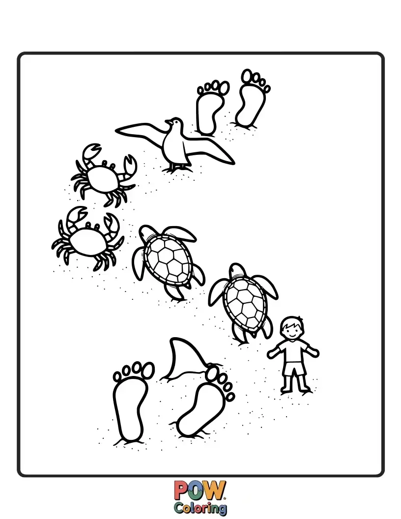 Free coloring page of A parade of whimsical footprints of various characters marching along the sandy shoreline towards the sea.