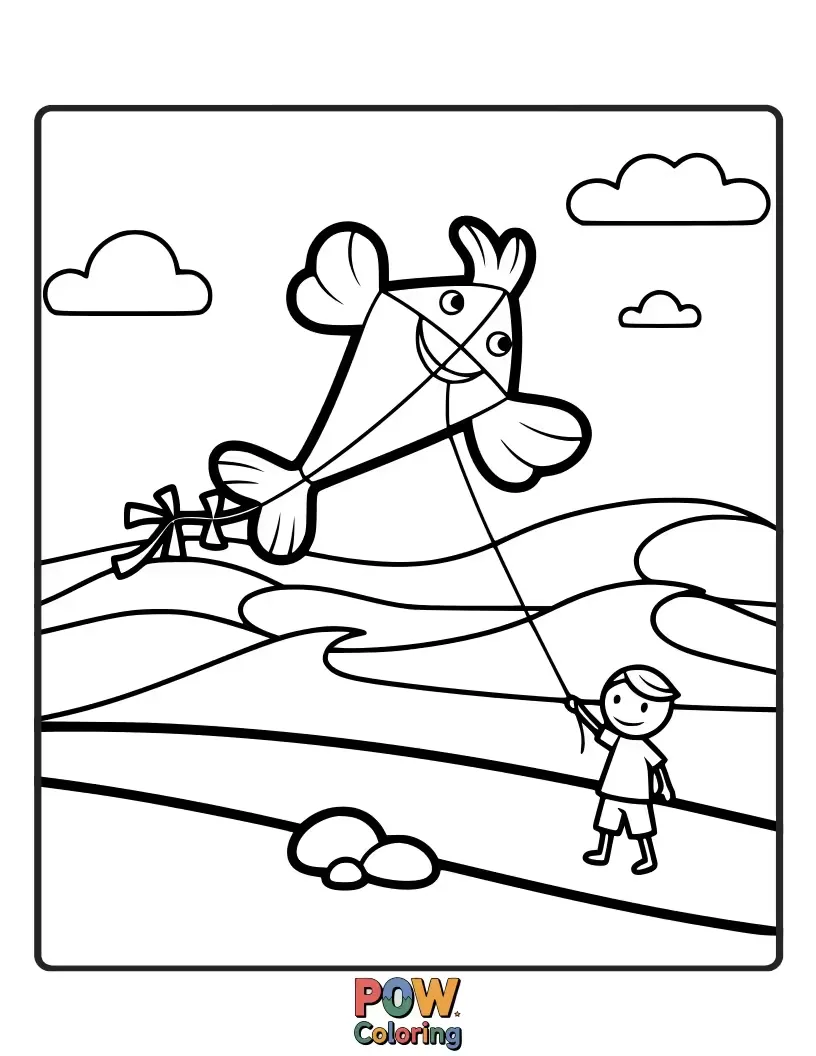 Free coloring page of A colorful kite soaring high in the sky above a happy family enjoying a windy day at the beach.