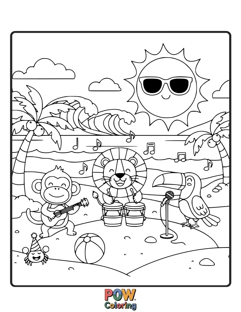 Free coloring page of Musical notes floating in the air around friendly sea creatures having a vibrant dance party on the beach.