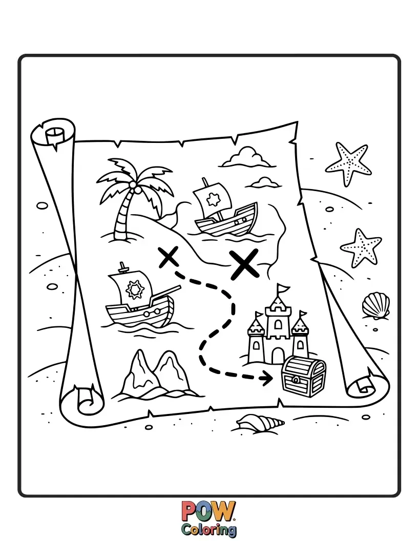 Free coloring page of An old, rolled-up treasure map with an 'X' marking a spot on a secluded, idyllic beach.
