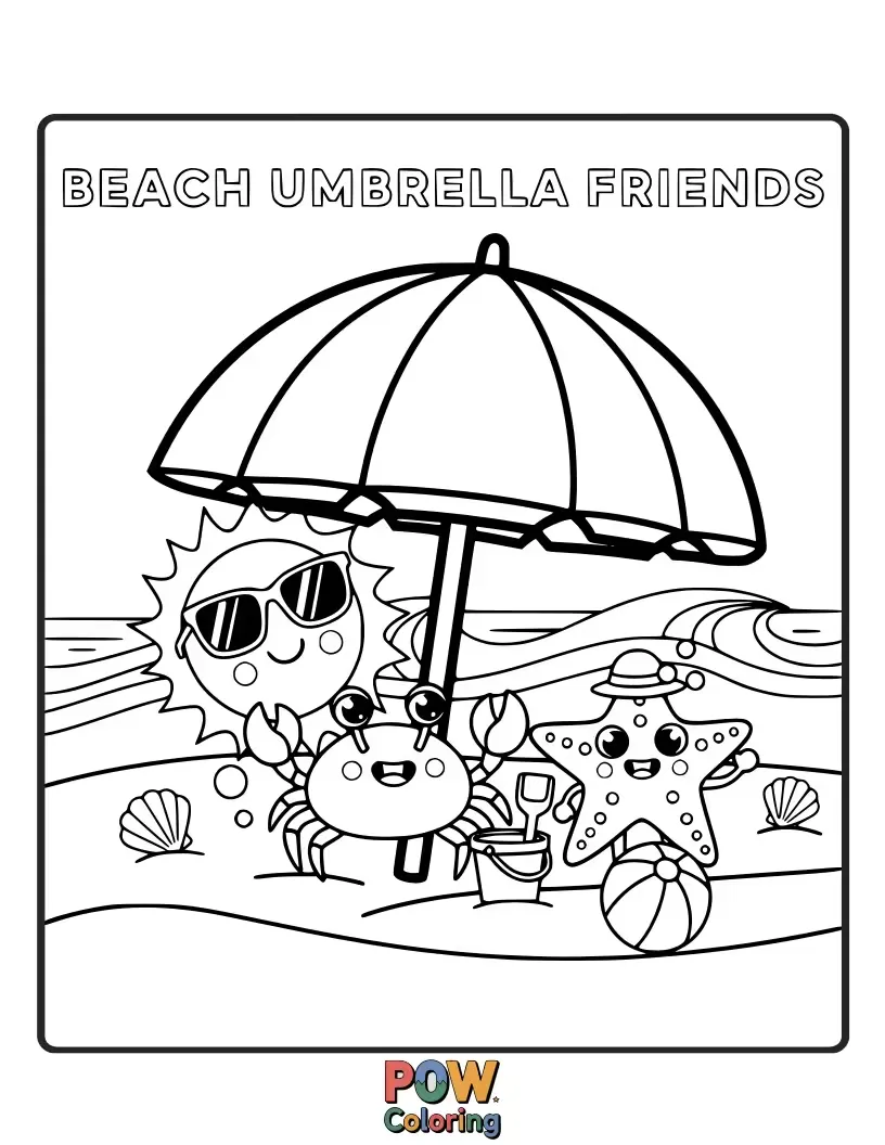 Free coloring page of A group of cute little chicks huddling under a large, colorful beach umbrella for shade and fun.