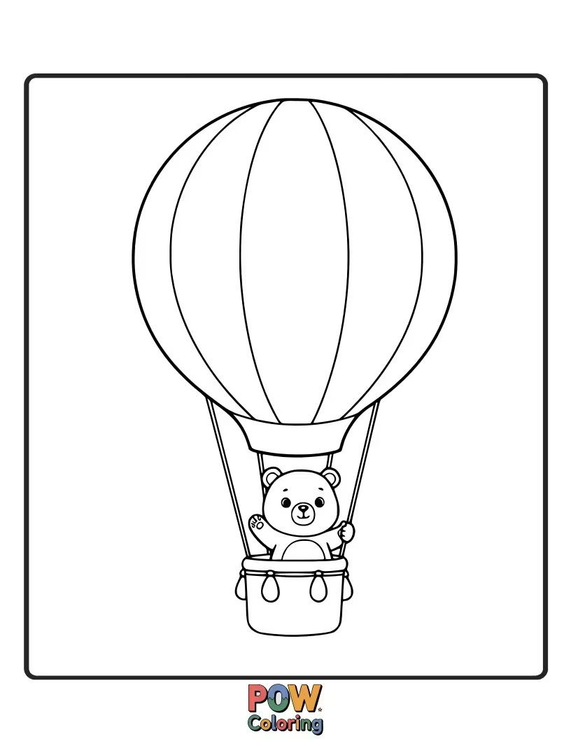 Free coloring page of A whimsical bear floating away with colorful balloons. Sparks imagination and dreams of adventure.