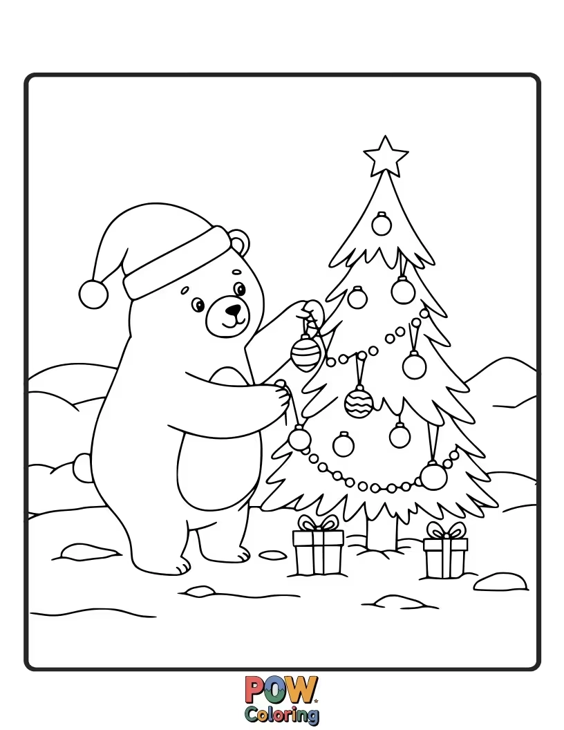 Free coloring page of A festive bear enjoying the holiday season. Perfect for winter holidays and celebratory moods.