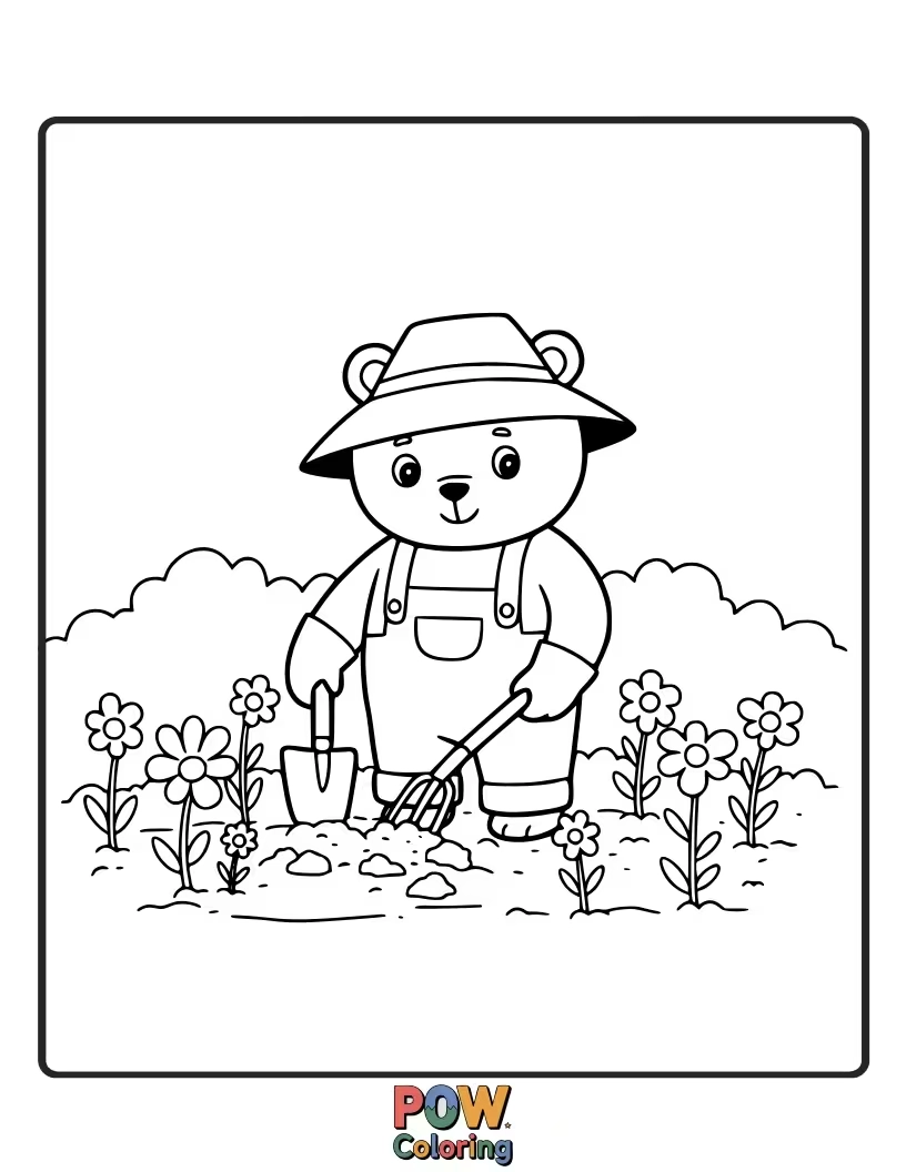 Free coloring page of A helpful bear tending to a small garden. Promotes nurturing and nature-related activities.