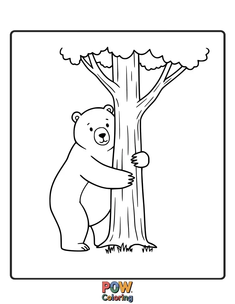 Free coloring page of A gentle bear embracing a large tree. Celebrates nature and simple acts of affection.