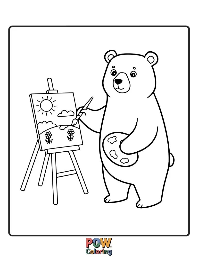 Free coloring page of An artistic bear creating a colorful masterpiece. Inspires creativity and the joy of making art.