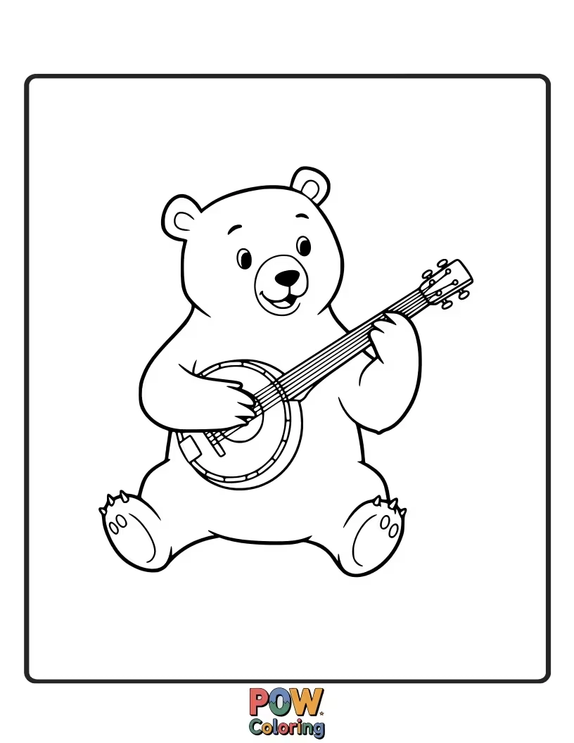 Free coloring page of A musical bear strumming a guitar or playing a piano. Encourages artistic expression and creativity.