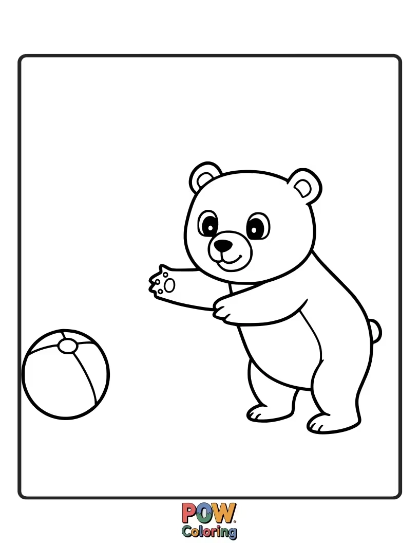 Free coloring page of A playful bear tossing a colorful ball. Encourages dynamic coloring and movement representation.