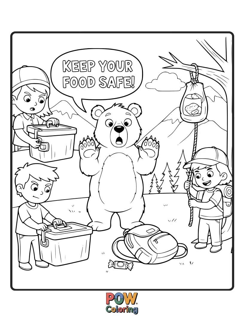 Free coloring page of A friendly bear in the distance, with a sign about keeping food away. Learn how to stay safe around wildlife.