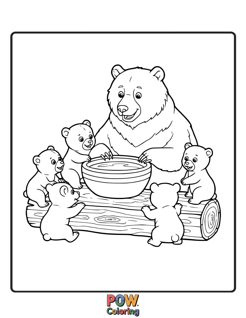 Free coloring page of A kind bear sharing its snacks with another creature. Teaches values of generosity and friendship.
