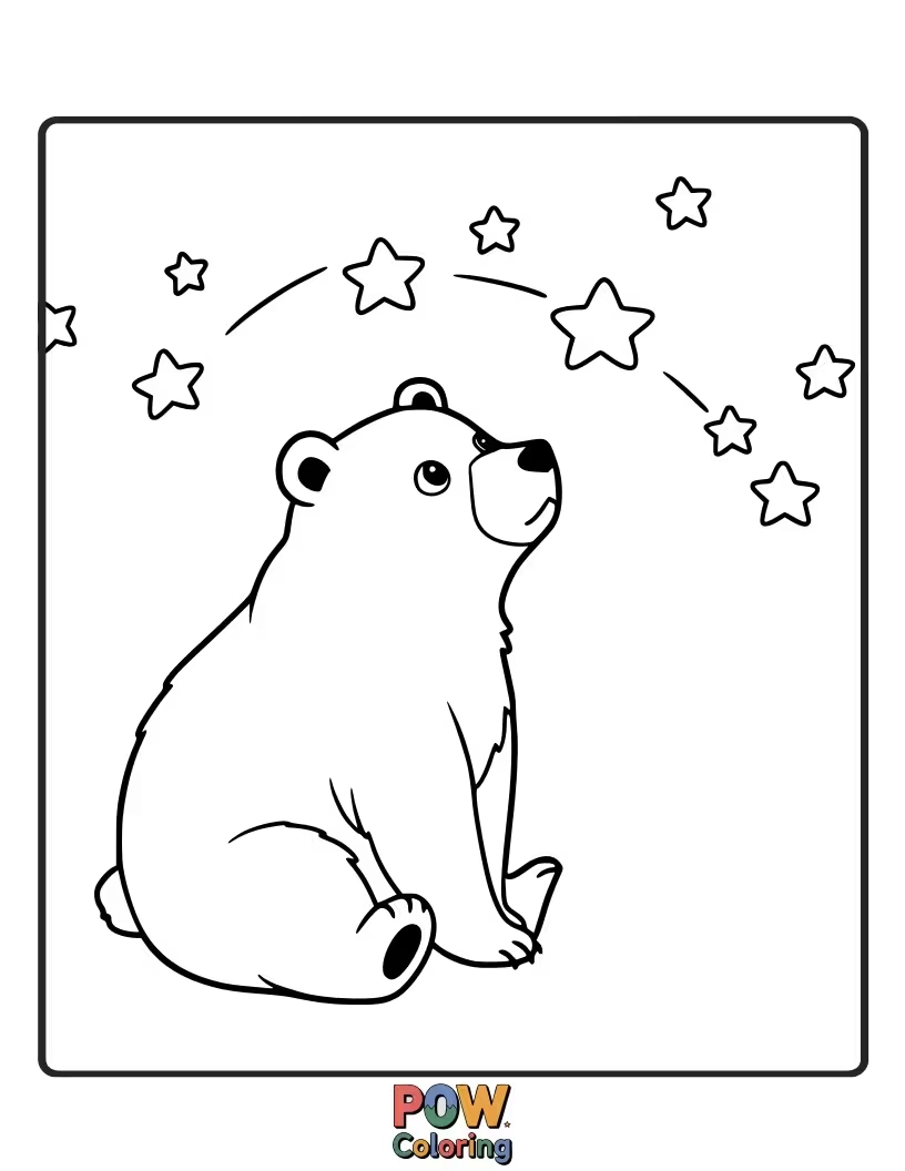 Free coloring page of A thoughtful bear looking up at the night sky and stars. Encourages wonder and cosmic curiosity.