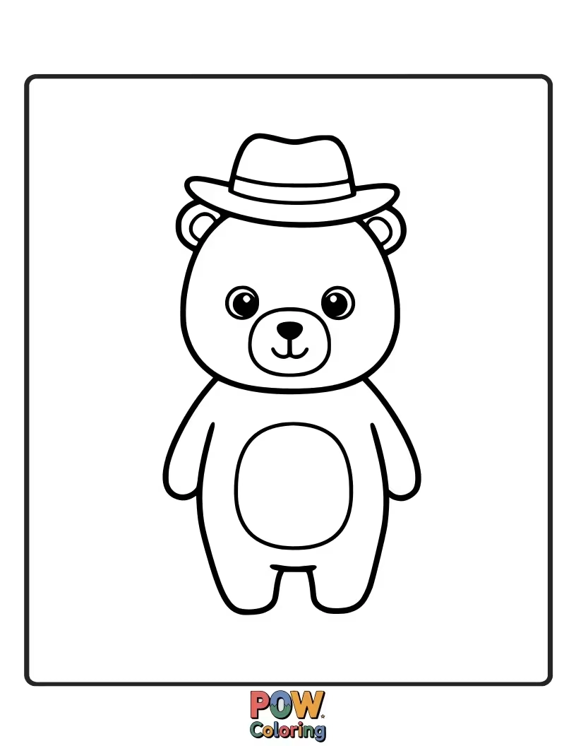 Free coloring page of A stylish bear sporting a fun hat. Allows for creative fashion choices and personality.