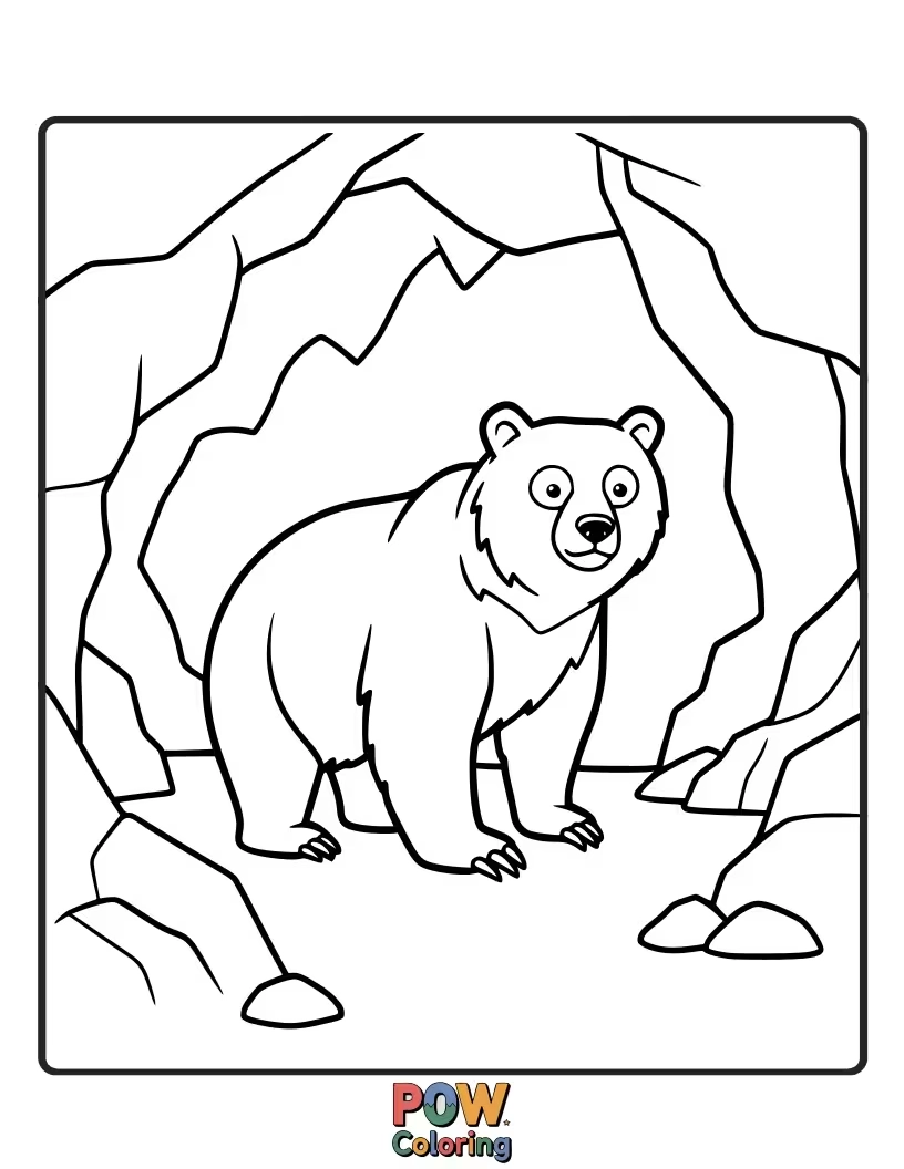 Free coloring page of A cozy bear nestled inside its warm cave. Promotes understanding of different environments.