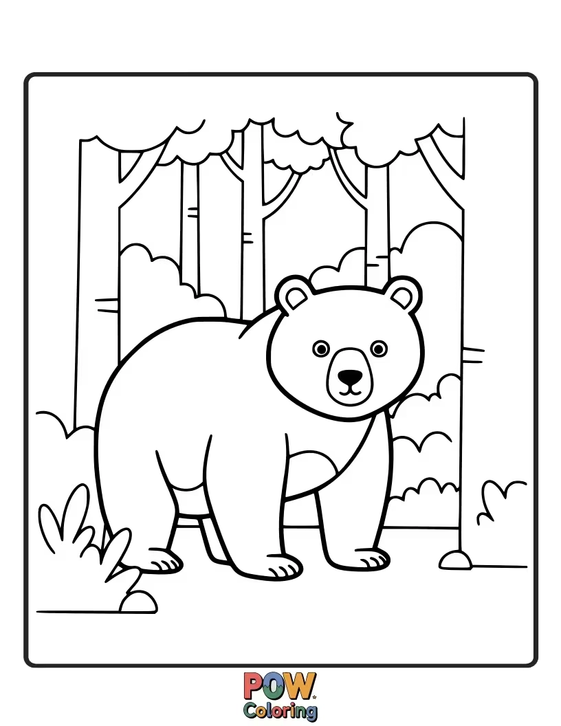 Free coloring page of A detailed illustration of a bear surrounded by trees and bushes. Offers opportunities for shading and depth.