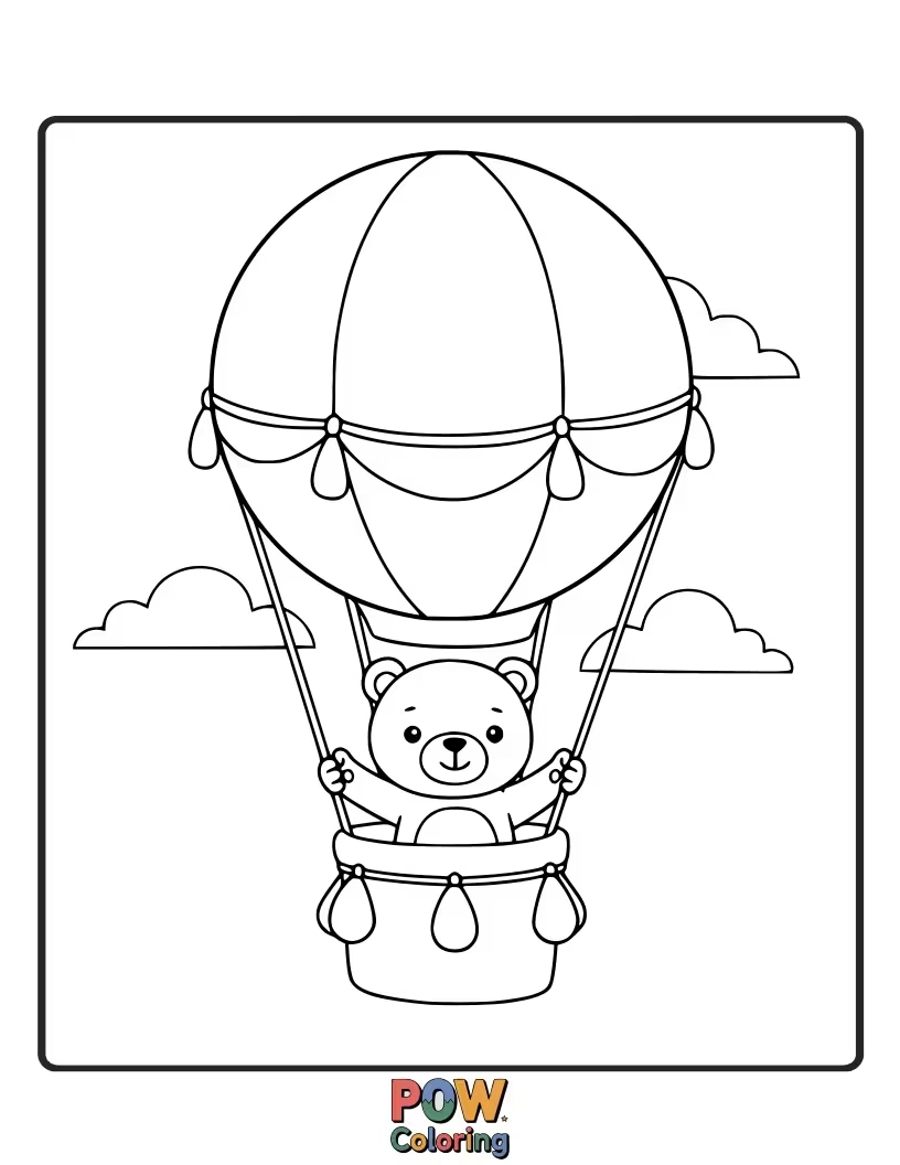 Free coloring page of A bear soaring high in a hot air balloon. Encourages a sense of freedom and adventure.