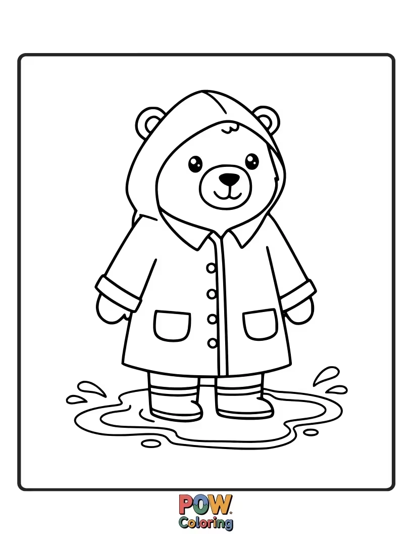 Free coloring page of A prepared bear venturing out in a raincoat and boots. Explores weather-themed scenarios.
