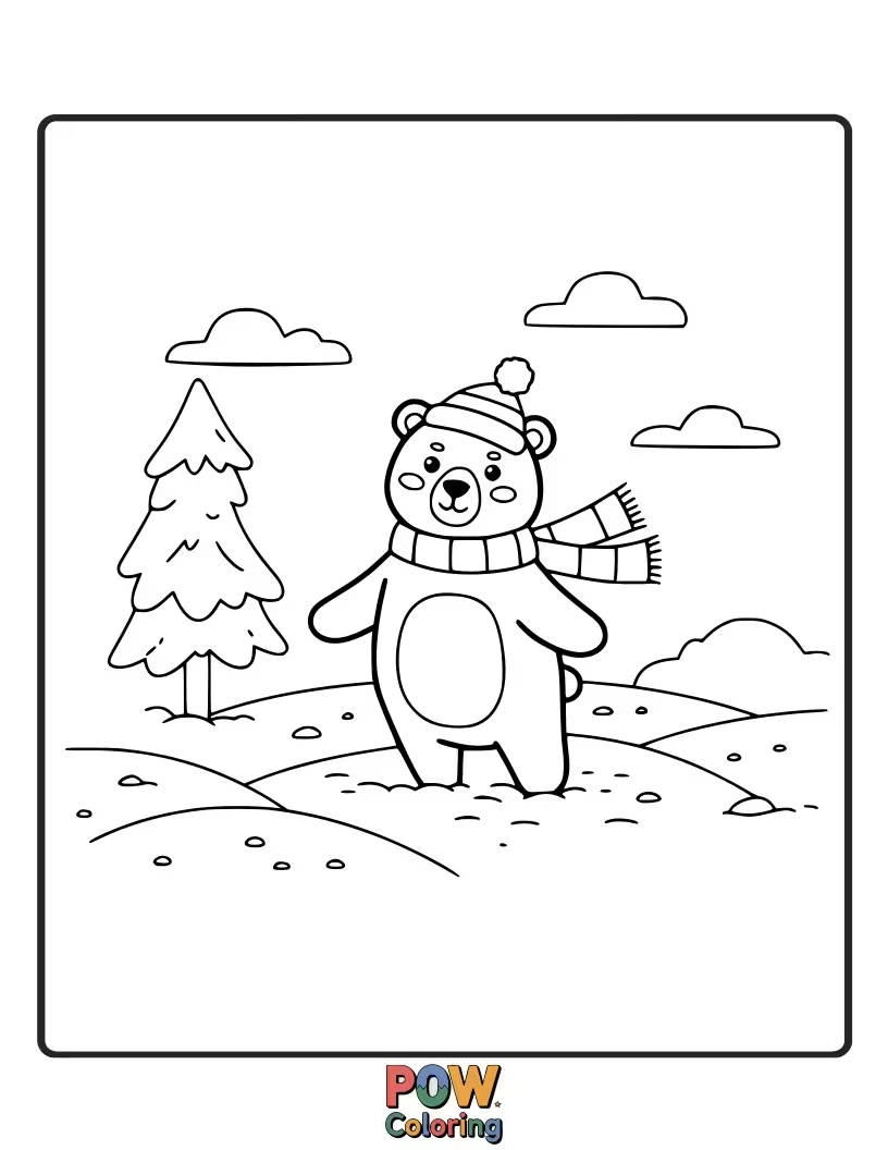 Free coloring page of A fluffy bear enjoying a snowy landscape. Great for exploring cool color palettes.