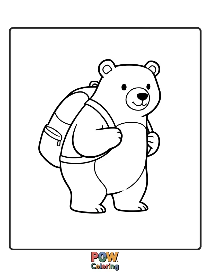 Free coloring page of An adventurous bear ready for a journey with a backpack. Inspires exploration and travel themes.