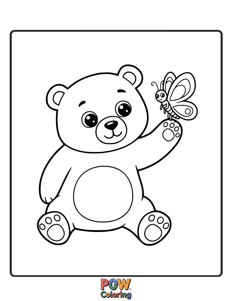 Free coloring page of A gentle bear observing a delicate butterfly. Promotes connection with nature and gentle interactions.