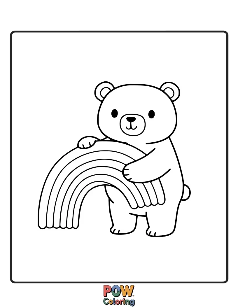 Free coloring page of A happy bear under a vibrant rainbow. Encourages joy, optimism, and colorful imagination.