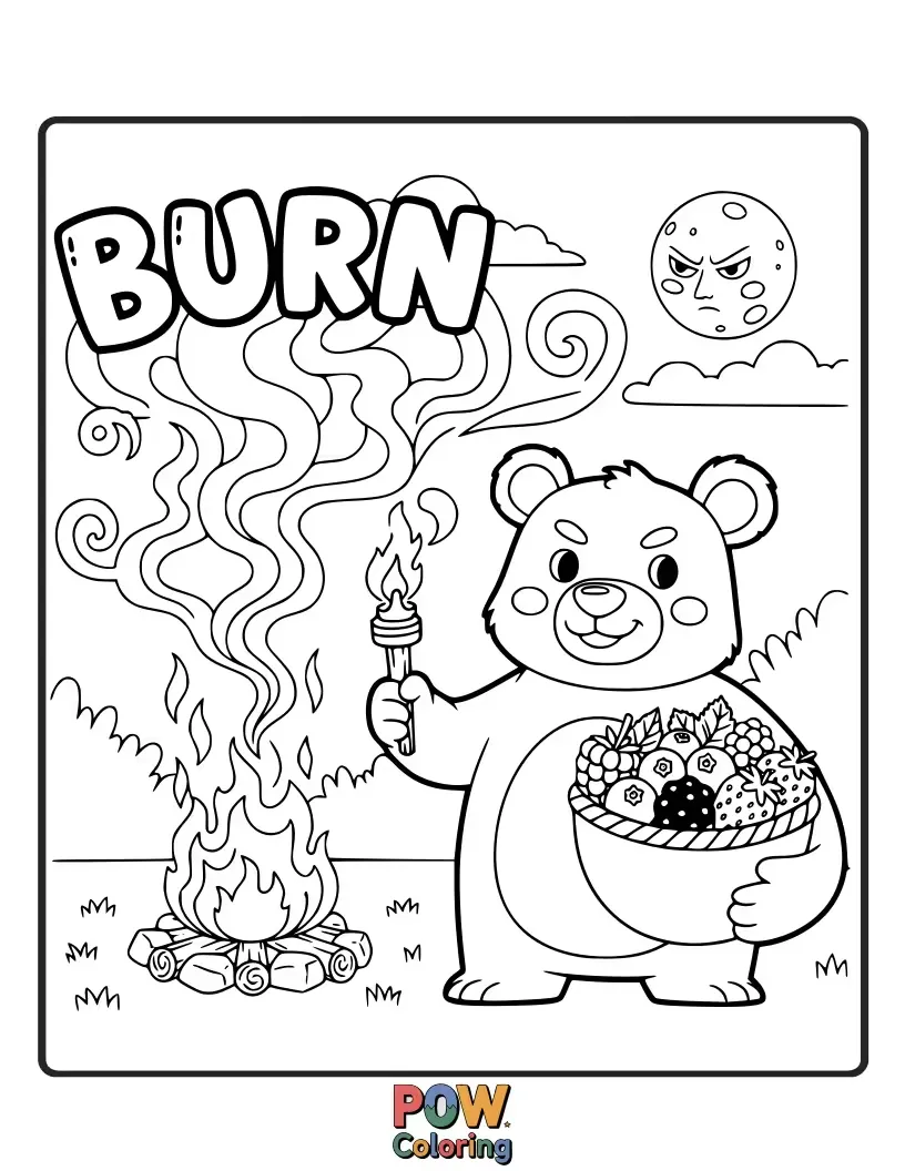 Free coloring page of A cuddly bear happily doing squats while holding a basket of delicious berries, surrounded by forest gym equipment.