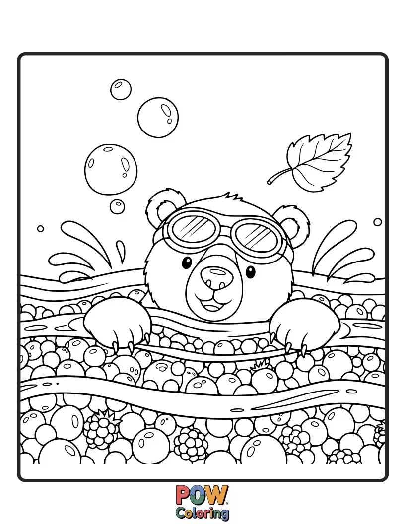 Free coloring page of A happy bear splashes playfully in a river, trying to catch delicious berries floating downstream for a snack.