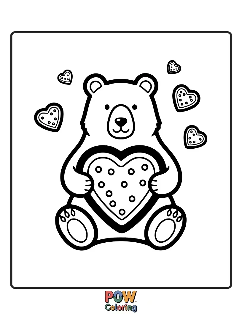 Free coloring page of A cuddly bear is happily munching on a pile of heart-shaped berries, sharing a few with its equally delighted Valentine.