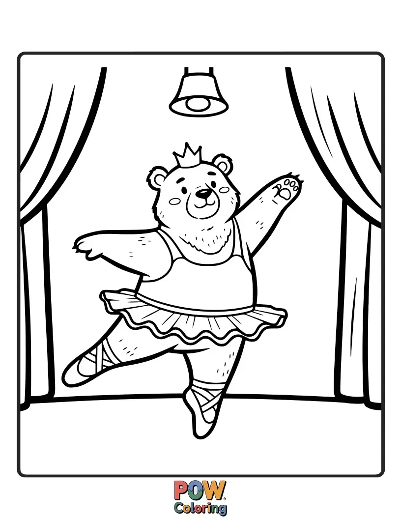 Free coloring page of A large, fluffy bear awkwardly dons a tiny tutu and tries a delicate arabesque. A roly-poly performer!